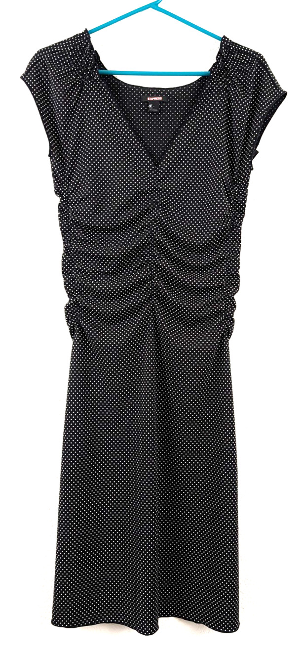 Express sz 6 Polka Dot Dress v-neck ruched chest to waist black & white 3246